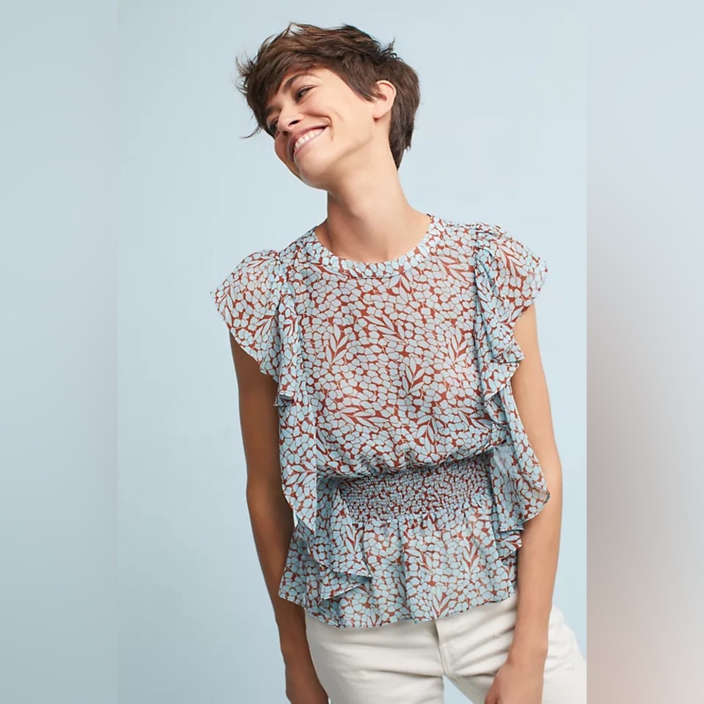 ANTHROPOLOGIE Feather Bone Allegra Top Ruffles Smocked M